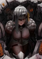 1girl armor armored_boots armored_gloves bandaged_head bandages bodystocking boots breasts cleavage goddess_of_victory:_nikke grey_hair hair_ribbon large_breasts leg_armor long_hair looking_at_viewer modernia_(nikke) one_eye_covered red_eyes ribbon s3t see-through see-through_cleavage shoulder_armor sidelocks solo visor_(armor) yellow_ribbon