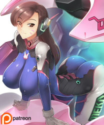  1girl alternate_breast_size arched_back ass bodysuit breasts brown_eyes brown_hair covered_erect_nipples d.va_(overwatch) facepaint facial_mark haganef hair_over_one_eye huge_breasts impossible_clothes large_breasts long_hair looking_at_viewer mecha meka_(overwatch) overwatch overwatch_1 patreon robot skin_tight smile solo whisker_markings  rating:Sensitive score:166 user:danbooru