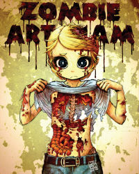 belt blonde_hair blood blue_eyes clothes_lift guro intestines j-e-m-g shirt_lift solo zombie rating:Questionable score:22 user:inu_gurl_05