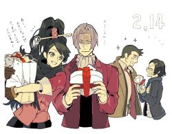  2boys 2girls bandaid bandaid_on_face black_hair box brown_gloves ascot formal gift gift_bag gift_box gloves grin ace_attorney_investigations ace_attorney hair_ornament hairclip heart-shaped_box holding holding_gift kay_faraday dick_gumshoe key_hair_ornament long_hair miles_edgeworth multiple_boys multiple_girls pleated_skirt sachiko_(omame) short_hair skirt smile sparkle suit maggey_byrde translation_request valentine 