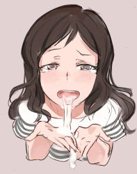  1girl blush brown_eyes brown_hair clothes cum cum_in_mouth cum_on_hands cum_string cumdrip cupping_hands highres idolmaster idolmaster_million_live! kitazawa_shiho long_hair looking_at_viewer looking_up open_mouth own_hands_together simple_background solo striped tears tongue tongue_out toro3  rating:Explicit score:133 user:qirog
