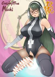 1futa arm_length_gloves breasts censored closed_eyes cosplay erection female_pubic_hair foreskin futanari glasses gloves green_hair headband kneeling large_breasts large_penis leotard long_hair muffin_top neone nun pantyhose penis phimosis precum pubic_hair solo testicles thighhighs rating:Explicit score:64 user:¥¥¥