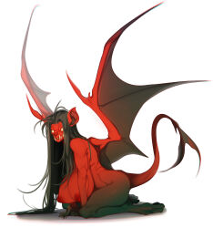  1girl bat_wings black_hair breasts colored_extremities demon demon_tail demon_wings extra_teeth from_side full_body glasgow_smile glowing glowing_eyes highres horror_(theme) huge_breasts long_hair monster nipples non-web_source obj_shep original red_skirt simple_background skirt solo straight_hair tail variant_set white_background wings yellow_eyes 