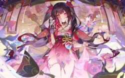  1girl absurdres banner bell black_collar black_gloves brown_hair collar collarbone commentary_request cowboy_shot criss-cross_halter dress fish floating_hair floral_print flower fox_mask gloves gradient_dress grin halterneck hand_up highres holding holding_mask honkai:_star_rail honkai_(series) long_hair looking_at_viewer mask miermere neck_bell obi pink_dress pink_eyes pink_flower red_nails sash single_glove skirt_hold smile solo sparkle_(honkai:_star_rail) twintails very_long_hair white_flower  rating:Sensitive score:12 user:danbooru