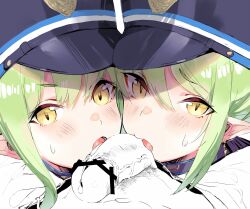  1boy 2girls bar_censor black_hat blue_archive blush censored cooperative_fellatio earrings fellatio ffm_threesome green_hair group_sex hat highlander_sidelocks_conductor_(blue_archive) highlander_twintails_conductor_(blue_archive) highres jewelry licking licking_penis long_hair looking_at_viewer magaeshi multiple_girls open_mouth oral partially_colored peaked_cap penis pointy_ears pov threesome tongue tongue_out yellow_eyes 