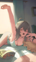  1girl arm_up armpits blurry blurry_background blush bottomless breasts brown_eyes camisole chips_(food) cleavage collarbone curtains food grey_hair highres honkai:_star_rail honkai_(series) indoors looking_at_viewer medium_breasts messy_hair nev_(nevblindarts) no_panties off_shoulder open_mouth pillow solo stelle_(honkai:_star_rail) thighs trailblazer_(honkai:_star_rail) white_camisole window yawning  rating:Questionable score:37 user:danbooru