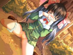  1girl black_hair bow bowtie breasts brown_footwear bush censored closed_eyes clothes_lift csy embarrassed forest green_jacket green_skirt jacket loli long_hair long_sleeves momoyama_ayumi nature panties panties_around_leg peeing pink_no_ayumi! plaid plaid_skirt puddle pussy red_bow red_bowtie school_uniform shirt shoes sitting skirt skirt_lift sky small_breasts socks space_works sunset tears teeth tree twintails underwear wet white_panties white_shirt white_socks 