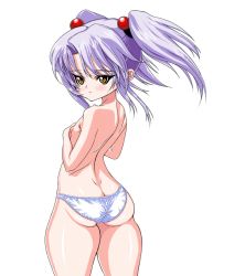  1girl ass back bad_anatomy bad_id bad_pixiv_id blush bottomless flat_chest hair_bobbles hair_ornament hoshino_ruri inagaki kidou_senkan_nadesico looking_back panties panties_only purple_hair solo thick_thighs thighs topless twintails underwear underwear_only white_panties yellow_eyes  rating:Questionable score:11 user:danbooru