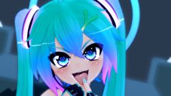  1girl 3d absurdres blue_eyes blue_hair finger_on_tongue green_hair gs-mantis hair_ornament hatsune_miku heart heart-shaped_pupils highres long_hair looking_at_viewer open_mouth saliva symbol-shaped_pupils tongue tongue_out aqua_hair twintails  rating:Questionable score:44 user:Nathywafe