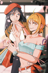  2girls absurdres arm_tattoo bag bandeau bare_shoulders belt blue_eyes brown_jacket commentary cowboy_shot crop_top english_commentary hat highres jacket log_pose looking_at_viewer looking_to_the_side multiple_girls mygiorni nami_(one_piece) nico_robin off-shoulder_shirt off_shoulder one_piece orange_eyes petals pink_petals red_hat shirt shopping_bag short_hair sidelocks smile strapless tattoo tube_top 