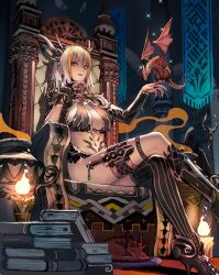  1girl 2others animal armor artist_request book breasts dragon fire horns large_breasts lips looking_at_viewer multicolored_hair multiple_others sitting sleeping source_request tagme throne white_hair 