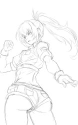  1girl ass breasts gloves highres large_breasts legs leona_heidern looking_at_viewer looking_back midriff monochrome parted_lips ponytail serious shorts sketch snk solo the_king_of_fighters thighs 