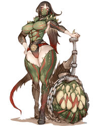  1girl abs armor black_hair blush boots breasts brown_hair character_request claws deviljho_(armor) full_body fumio_(rsqkr) highres holding holding_weapon large_breasts leotard long_hair looking_at_viewer mask monster_girl monster_hunter_(series) muscular muscular_female red_eyes simple_background standing sword tail thick_thighs thighhighs thighs very_long_hair weapon white_background 