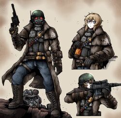  1girl anti-materiel_rifle armor bandolier blonde_hair blue_eyes boots bottle bottle_cap denim drinking duster fallout:_new_vegas fallout_(series) frown gas_mask gloves gun handgun helmet highres holding holding_bottle jeans leaning_back looking_at_viewer mask ncr_veteran_ranger octosoup pants power_armor revolver rifle root_beer scope sniper_rifle solo sunset_sarsaparilla vambraces weapon 