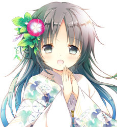  1girl :d black_eyes black_hair floral_print flower flower_on_head japanese_clothes kimono looking_at_viewer natsuki_coco open_mouth original own_hands_clasped own_hands_together smile solo yukata 
