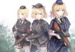 3girls absurdres armband battle_rifle black_gloves black_headwear black_jacket black_necktie black_pantyhose black_shirt black_skirt blonde_hair blue_eyes blue_headwear blue_jacket blue_skirt braid breasts brown_eyes closed_mouth commentary commentary_request cross cross_earrings earrings english_commentary fg42_(girls&#039;_frontline) fg_42 french_braid g43_(girls&#039;_frontline) garrison_cap gewehr_43 girls&#039;_frontline gloves goggles goggles_around_neck gun hat highres holding holding_gun holding_weapon iron_cross jacket jacket_on_shoulders jewelry large_breasts light_frown long_sleeves looking_at_viewer martinreaction medium_hair military military_hat military_uniform mixed-language_commentary mp40 mp40_(girls&#039;_frontline) multiple_girls necktie pantyhose red_armband rifle saber_(weapon) scope shirt short_hair short_sleeves skirt submachine_gun sword thigh_strap thighhighs uniform v-shaped_eyebrows weapon white_gloves white_shirt white_thighhighs