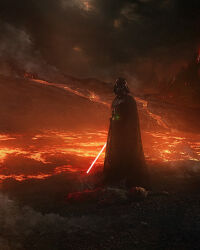  2boys absurdres amputee anakin_skywalker armor belt_buckle black_armor black_cape black_helmet buckle burnt burnt_face cape cyborg darth_vader dual_persona energy_sword highres holding_lightsaber injury lava lightsaber looking_at_viewer lying male_focus multiple_boys on_back on_ground red_lightsaber sith smoke standing star_wars sword tanis_teau triple_amputee volcano weapon 