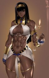 1girl abs black_hair blunt_bangs bowalia brown_background brown_eyes cowboy_shot dark-skinned_female dark_skin egyptian egyptian_clothes gold gradient_background hair_ornament headband jewelry muscular muscular_female original revision smile solo standing thigh_strap rating:Sensitive score:93 user:danbooru