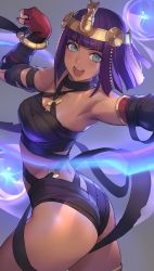 1girl :d ameno_tetsuo ass bandages blunt_bangs breasts dark-skinned_female dark_skin fingerless_gloves from_behind gloves highres looking_at_viewer medium_breasts menat mummification_(non_bound) open_mouth purple_hair short_hair smile solo street_fighter street_fighter_v rating:Sensitive score:60 user:danbooru