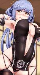 1girl alternate_costume arm_strap ass azur_lane bare_hips blue_hair blush breasts brown_panties brown_thighhighs center_opening clothing_cutout cosplay covered_erect_nipples essex_(azur_lane) from_below gluteal_fold hand_in_own_hair highres large_breasts long_hair looking_at_viewer navel_cutout no_bra panties pelvic_curtain race_queen skin_tight skindentation solo tero_tero thighhighs underwear wrist_cuffs yellow_eyes zuikaku_(azur_lane) zuikaku_(azur_lane)_(cosplay) zuikaku_(the_wind&#039;s_true_name)_(azur_lane) rating:Questionable score:61 user:danbooru