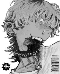  1boy barcode body_horror chain chain_necklace collar ear_piercing greyscale guro highres jawless jewelry male_focus mettaflix monochrome necklace original piercing spiked_collar spiked_ear_piercing spikes tears white_background 