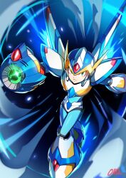  1boy android arm_cannon armor artist_name commentary falcon_armor_x_(mega_man) flying forehead_jewel full_body glint helmet highres korean_commentary male_focus mechanical_wings mega_man_(series) mega_man_x_(series) ohil_(ohil822) shoulder_armor solo weapon white_armor white_helmet wings x_(mega_man) x_buster 