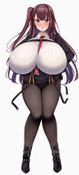  1girl alternate_breast_size black_pantyhose blush breasts full_body girls&#039;_frontline highres huge_breasts pantyhose purple_hair solo standing tsumugie wa2000_(girls&#039;_frontline) white_background 
