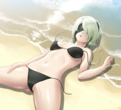  1girl asymmetrical_bangs asymmetrical_hair beach bikini black_panties blindfold bra breasts breasts_apart cameltoe clenched_hand expressionless from_above hair_over_one_eye hairband hand_on_leg lying medium_breasts mole mole_under_mouth navel nier:automata nier_(series) on_back open_mouth outdoors panties short_hair side-tie_bikini_bottom side-tie_panties silver_hair spread_legs swept_bangs swimsuit thor_(deep_rising) underwear untied_bikini untied_panties water 2b_(nier:automata)  rating:Questionable score:27 user:chucky69