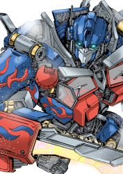  absurdres autobot blue_eyes glowing glowing_eyes highres looking_at_viewer mecha optimus_prime piston robot science_fiction solo transformers transformers_(live_action) tsushima_naoto wheel white_background windshield  rating:General score:4 user:danbooru