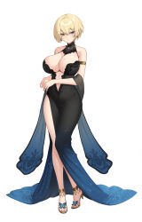  1girl absurdres armlet black_dress blonde_hair breasts clothing_cutout dress evening_gown full_body girls&#039;_frontline highres large_breasts mole mole_on_breast mole_under_eye navel_cutout official_alternate_costume simple_background solo tkswp12 vsk-94_(girls&#039;_frontline) vsk-94_(night_on_the_silver_bay)_(girls&#039;_frontline) white_background yellow_footwear 