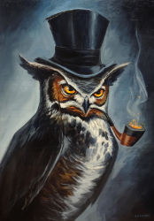  absurdres acrylic_paint_(medium) adlovett animal_focus bird commentary deviantart_username english_commentary feet_out_of_frame hat highres looking_at_viewer monocle no_humans original owl painting_(medium) signature solo standing top_hat traditional_media yellow_eyes  rating:Sensitive score:7 user:danbooru