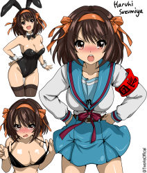  1girl absurdres animal_ears armband bikini bikini_top_only bikini_top_pull black_bikini black_bow black_bowtie black_hair black_leotard black_thighhighs blue_sailor_collar blue_skirt blush bow bowtie breasts brown_eyes character_name cleavage commentary cowboy_shot detached_collar hairband highres kita_high_school_uniform leotard looking_at_viewer medium_breasts multiple_views nose_blush open_mouth orange_hairband playboy_bunny pleated_skirt rabbit_ears rabbit_tail sailor_collar school_uniform serafuku shirt skirt suzumiya_haruhi suzumiya_haruhi_no_yuuutsu swimsuit t-works tail teeth thighhighs twitter_username upper_body upper_teeth_only white_shirt winter_uniform wrist_cuffs 