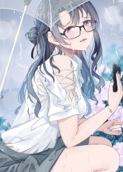  1girl absurdres black-framed_eyewear blush cellphone clothing_cutout commentary_request cross-laced_clothes cross-laced_sleeves flower glasses grey_skirt highres holding holding_phone hydrangea idolmaster idolmaster_million_live! izuminnu looking_at_another looking_at_viewer nail_polish outdoors phone rain shirt shirt_tucked_in short_sleeves shoulder_cutout skirt solo squatting takayama_sayoko tears transparent transparent_umbrella umbrella wet wet_clothes white_shirt 