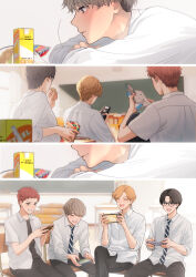  4boys :d absurdres bag_of_chips blonde_hair blurry blurry_background brown_hair chair chalkboard classroom closed_eyes crossed_legs desk eating friends glasses happy highres holding holding_phone indoors juice_box laughing macaronk male_focus manga_(object) multiple_boys necktie open_mouth original phone playing_games red_hair school_desk school_uniform shirt sitting smile striped_necktie white_shirt 