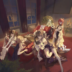  6+girls 6p62_(girls&#039;_frontline) anniversary art556_(girls&#039;_frontline) black_dress blonde_hair blue_eyes breasts brown_hair candle candlestand chinese_commentary closed_eyes couch dress english_text girls&#039;_frontline green_dress green_eyes green_hair grey_eyes highres indoors multiple_girls official_alternate_costume official_art open_mouth red_dress red_hair sitting smile stevens_520_(girls&#039;_frontline) table tac-50_(girls&#039;_frontline) type_97_(girls&#039;_frontline) vector_(girls&#039;_frontline) window 