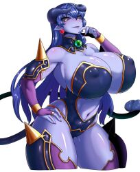  1girl astaroth_(shinrabanshou) blue_hair breasts cleavage colored_skin curvy demon_girl detached_sleeves earrings exabyte_(parallax05) fingernails hand_on_own_hip highres horns huge_breasts jewelry long_hair navel nipples_through_clothes pointy_ears purple_skin red_nails ring sharp_fingernails shiny_clothes shiny_skin slit_pupils standing tail thick_thighs thighhighs thighs tight_clothes white_background wide_hips yellow_eyes 