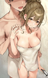 1boy 1girl bare_shoulders blunt_bangs breasts brown_eyes brown_hair cleavage closed_mouth collarbone commentary_request hand_on_another&#039;s_shoulder highres holding holding_shower_head idolmaster idolmaster_shiny_colors kuwayama_chiyuki medium_breasts mirei mixed-sex_bathing naked_towel open_mouth ponytail shared_bathing short_hair shower_head smile solo_focus towel wet wet_hair rating:Sensitive score:75 user:danbooru