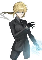  1girl artoria_pendragon_(fate) black_gloves black_jacket black_necktie black_pants black_suit blue_eyes bracelet closed_mouth collared_shirt commentary cropped_legs expressionless eyes_visible_through_hair fate/zero fate_(series) formal gloves grey_shirt hair_between_eyes hand_up highres invisible_air_(fate) jacket jewelry jitome lapels long_hair long_sleeves looking_at_viewer necktie notched_lapels pants ponytail shirt sidelocks simple_background solo suit tokoni_fusu white_background wing_collar 