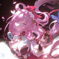  1girl bell breasts brown_background bug butterfly chalice chinese_commentary cleavage cleavage_cutout clothing_cutout commentary_request cup diamond-shaped_pupils diamond_(shape) elysia_(honkai_impact) elysia_(peachy_spring)_(honkai_impact) falling_petals floating_hair flower hair_bell hair_flower hair_ornament highres holding holding_cup honkai_(series) honkai_impact_3rd insect long_hair long_sleeves looking_at_viewer low-braided_long_hair low-tied_long_hair naglus petals pink_hair pinky_out pointy_ears purple_butterfly purple_eyes shirt smile snake solo symbol-shaped_pupils upper_body watermark white_shirt white_snake 