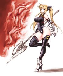  00s 1girl bardiche_(nanoha) black_thighhighs blonde_hair bow breasts covered_erect_nipples detached_sleeves fate_testarossa female_focus gauntlets hair_bow highleg highleg_leotard large_breasts leotard long_hair looking_at_viewer lyrical_nanoha mahou_shoujo_lyrical_nanoha mahou_shoujo_lyrical_nanoha_strikers polearm red_eyes rindou_(radical_dream) skin_tight solo spear thighhighs twintails weapon  rating:Questionable score:43 user:danbooru