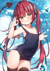  1girl :p bare_arms bare_shoulders black_thighhighs blue_one-piece_swimsuit blue_sky blush brown_eyes closed_mouth cloud cloudy_sky collarbone commentary_request covered_navel day demon_girl demon_horns demon_tail demon_wings detached_wings grey_wings hair_between_eyes hanamiya_natsuka horns long_hair looking_at_viewer mini_wings old_school_swimsuit one-piece_swimsuit original outdoors red_hair school_swimsuit sky smile solo strap_pull swimsuit tail thighhighs tongue tongue_out twintails very_long_hair water_drop wings 