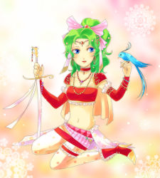  1990s_(style) 1girl bare_shoulders bird blue_eyes choker detached_sleeves earrings female_focus final_fantasy final_fantasy_vi full_body gradient_background green_hair high_heels highres inaba_(pixiv492064) jewelry long_hair midriff necklace pantyhose pink_ribbon ponytail retro_artstyle ribbon shoes shoulder_pads sitting solo strapless sword tiara tina_branford tube_top weapon 