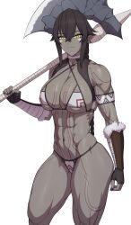  1girl abs axe bare_shoulders basdia_(yondome_wa_iya_na_shizokusei_majutsushi) black_hair breasts cleavage colored_skin grey_skin highres large_breasts long_hair looking_at_viewer lvl_(sentrythe2310) muscular muscular_female navel pointy_ears sidelocks smile solo thick_thighs thighs yellow_eyes yondome_wa_iya_na_shizokusei_majutsushi 