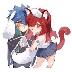 1boy 1girl animal_ears arm_tattoo barefoot black_cloak blue_hair blue_skirt brown_eyes cat_ears cat_girl cat_tail chibi chibi_only cloak dog_boy dog_ears dog_tail erza_scarlet facial_tattoo fairy_tail floppy_ears full_body grabbing_another&#039;s_tail highres jellal_fernandes looking_at_viewer pleated_skirt red_eyes red_hair red_tail shirt simple_background skirt sleeveless sleeveless_shirt standing tail tattoo white_background white_shirt white_tail xuchuan