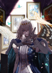  1boy absurdres antinese arthropod_boy blue_butterfly blue_cape blue_eyes blurry bug butterfly butterfly_wings cape crown depth_of_field diamond_hairband evil_smile fate/grand_order fate_(series) fur-trimmed_cape fur_trim glass_shards grey_hair highres insect insect_wings long_sleeves looking_at_viewer male_focus medium_hair oberon_(fate) open_hand painting_(object) shirt smile solo upper_body wings 
