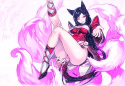  1girl ahri_(league_of_legends) ass breasts female_focus league_of_legends smile solo tail white_background  rating:Questionable score:21 user:heros271