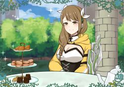  1girl armor blush braid breasts brown_eyes brown_hair bush cleavage column commentary_request corset cup fire_emblem fire_emblem:_three_houses fire_emblem_engage food goldmary_(fire_emblem) grin hair_ribbon highres hood hood_down large_breasts long_hair long_sleeves looking_at_viewer nintendo otokajife pastry pillar ribbon shoulder_armor shrug_(clothing) smile solo teacup tiered_tray white_ribbon 