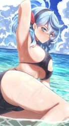  1girl ako_(blue_archive) alternate_costume arm_behind_head arm_support armpits ass beach bikini black_bikini black_choker blue_archive blue_eyes blue_hair blue_sky blurry blush breasts choker cleavage cloud cloudy_sky commentary_request depth_of_field hair_between_eyes hairband halo head_tilt highres horizon long_hair looking_at_viewer midriff murota_(mrt0818) ocean outdoors presenting_armpit sidelocks sitting sky solo swimsuit thick_thighs thighs wet wet_clothes wet_swimsuit yokozuwari 