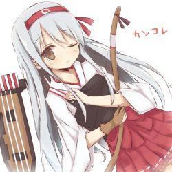  10s 1girl ;) archery bad_id bad_pixiv_id blush bow_(weapon) brown_eyes dutch_angle gloves hairband japanese_clothes kantai_collection kyuudou long_hair muneate one_eye_closed partially_fingerless_gloves partly_fingerless_gloves personification peta_(petalol) shoukaku_(kancolle) silver_hair single_glove skirt smile solo weapon wink yugake 