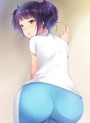 1girl ass commentary_request diagonal_bangs from_behind highres idolmaster idolmaster_shiny_colors kaiga looking_at_viewer open_mouth pants purple_eyes purple_hair shirt solo t-shirt tanaka_mamimi track_pants twintails white_shirt rating:Sensitive score:47 user:danbooru